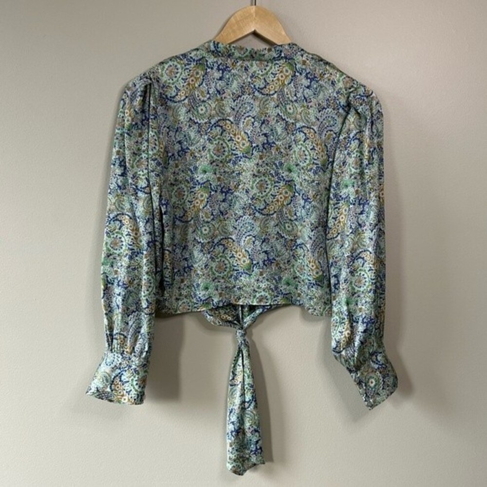 Zara Floral Paisley Satin Button Front Long Sleeve Tie Cropped Shirt Size Large - Picture 4 of 4